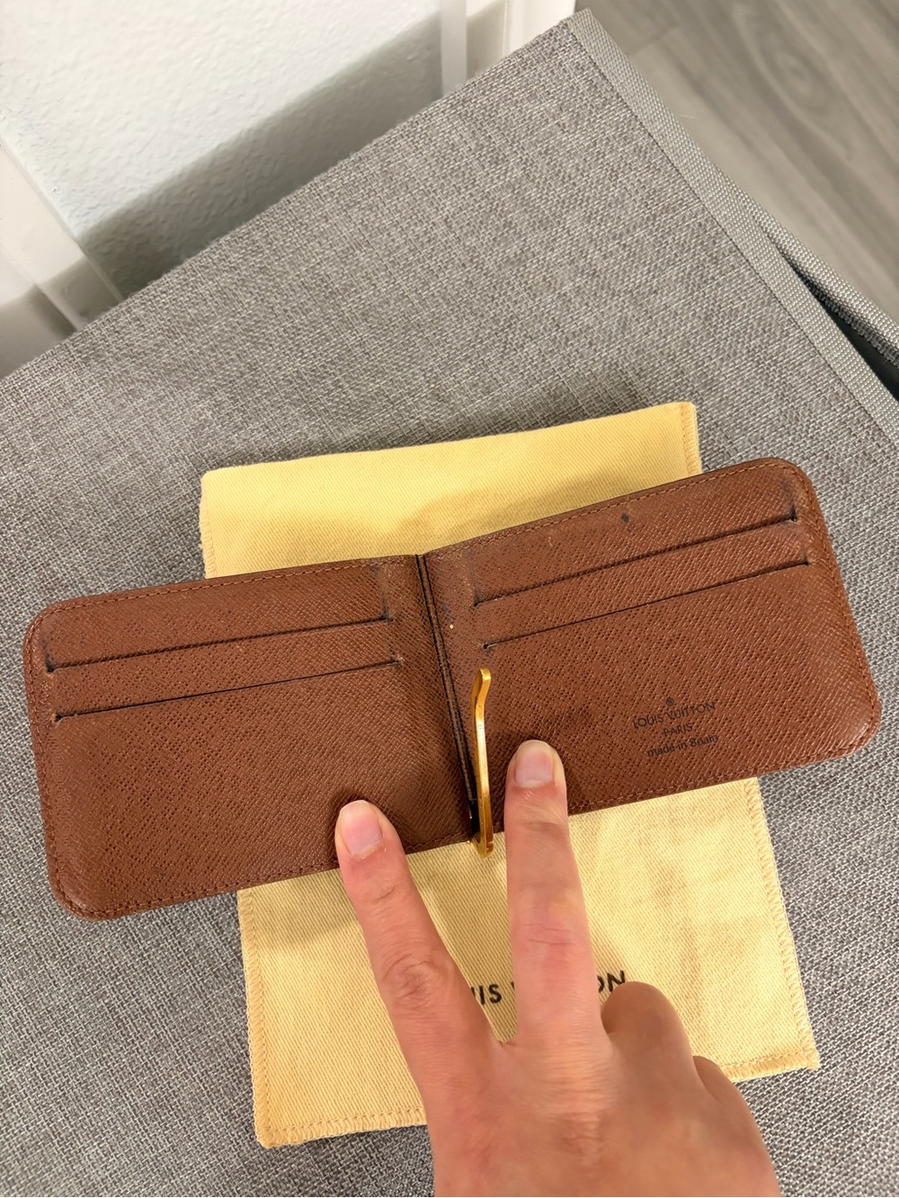 Louis Vuitton Brown Leather Money Clip Card Holder with Gold-Tone Clip